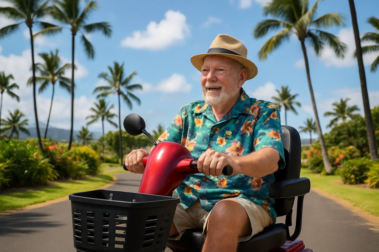 Person riding a heavy-duty mobility scooter on a Maui resort path
