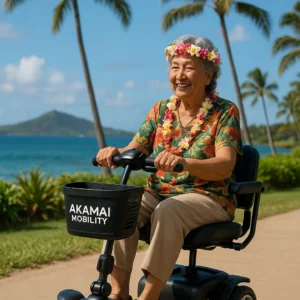 Smiling woman wearing a flower lei riding an Akamai Mobility lightweight scooter along a coastal walkway with palm trees.