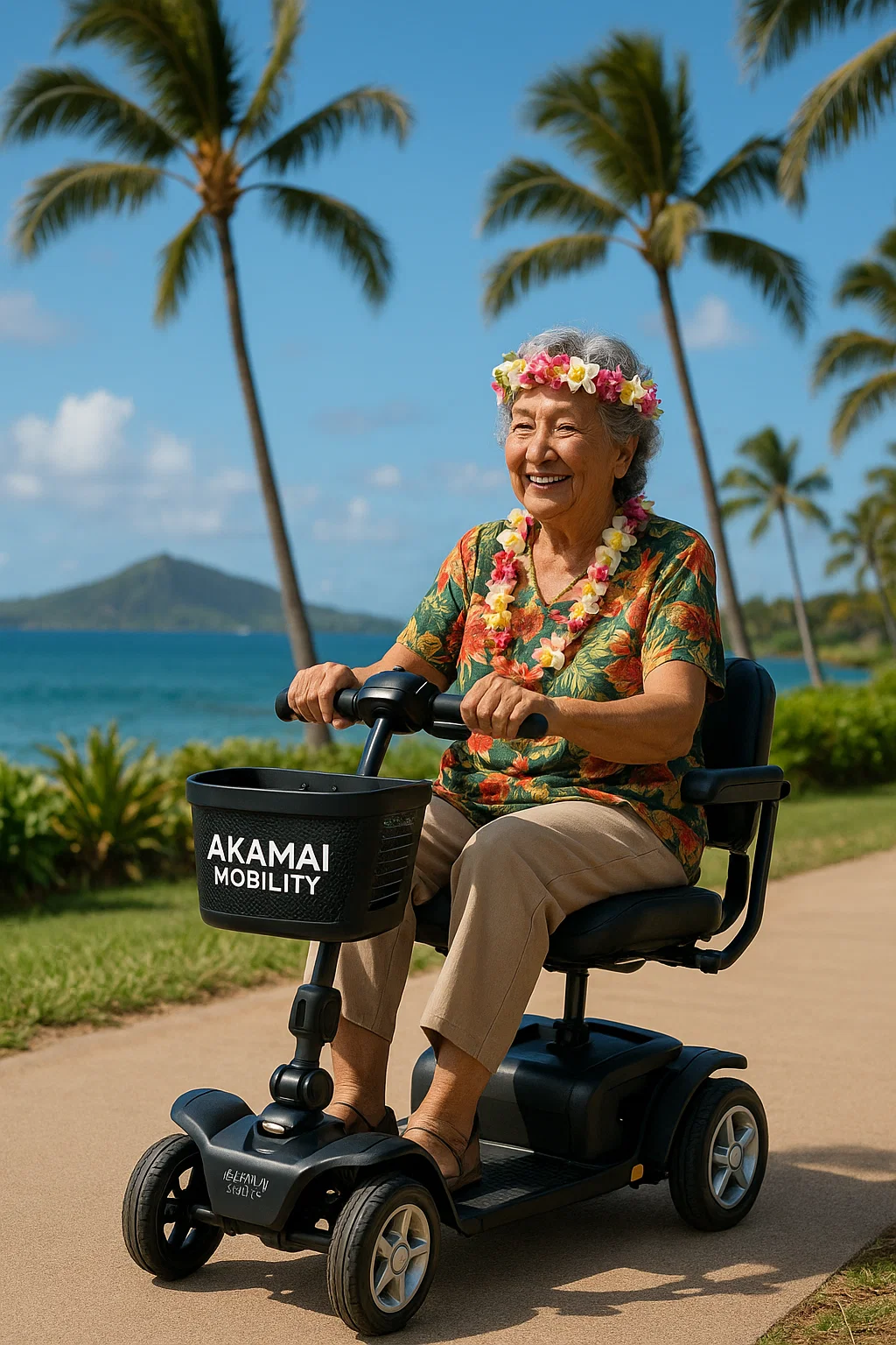 Smiling woman wearing a flower lei riding an Akamai Mobility lightweight scooter along a coastal walkway with palm trees.