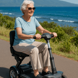 Older woman riding a gray Akamai Mobility foldable scooter along a coastal road with mountains and ocean in the distance.
