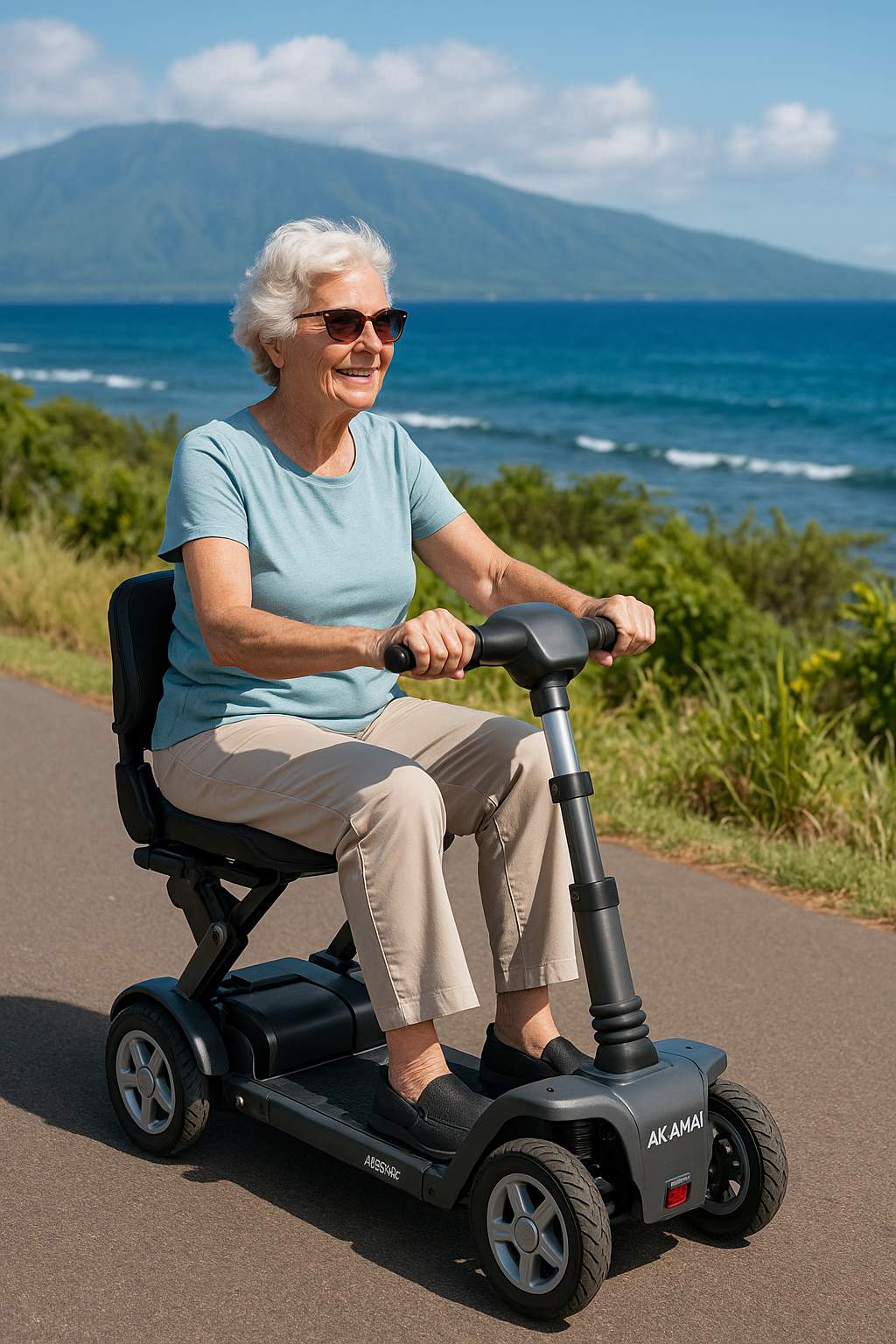 Older woman riding a gray Akamai Mobility foldable scooter along a coastal road with mountains and ocean in the distance.