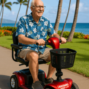 Smiling man riding a red heavy-duty Akamai Mobility scooter on a resort walkway with palm trees and tropical landscaping.
