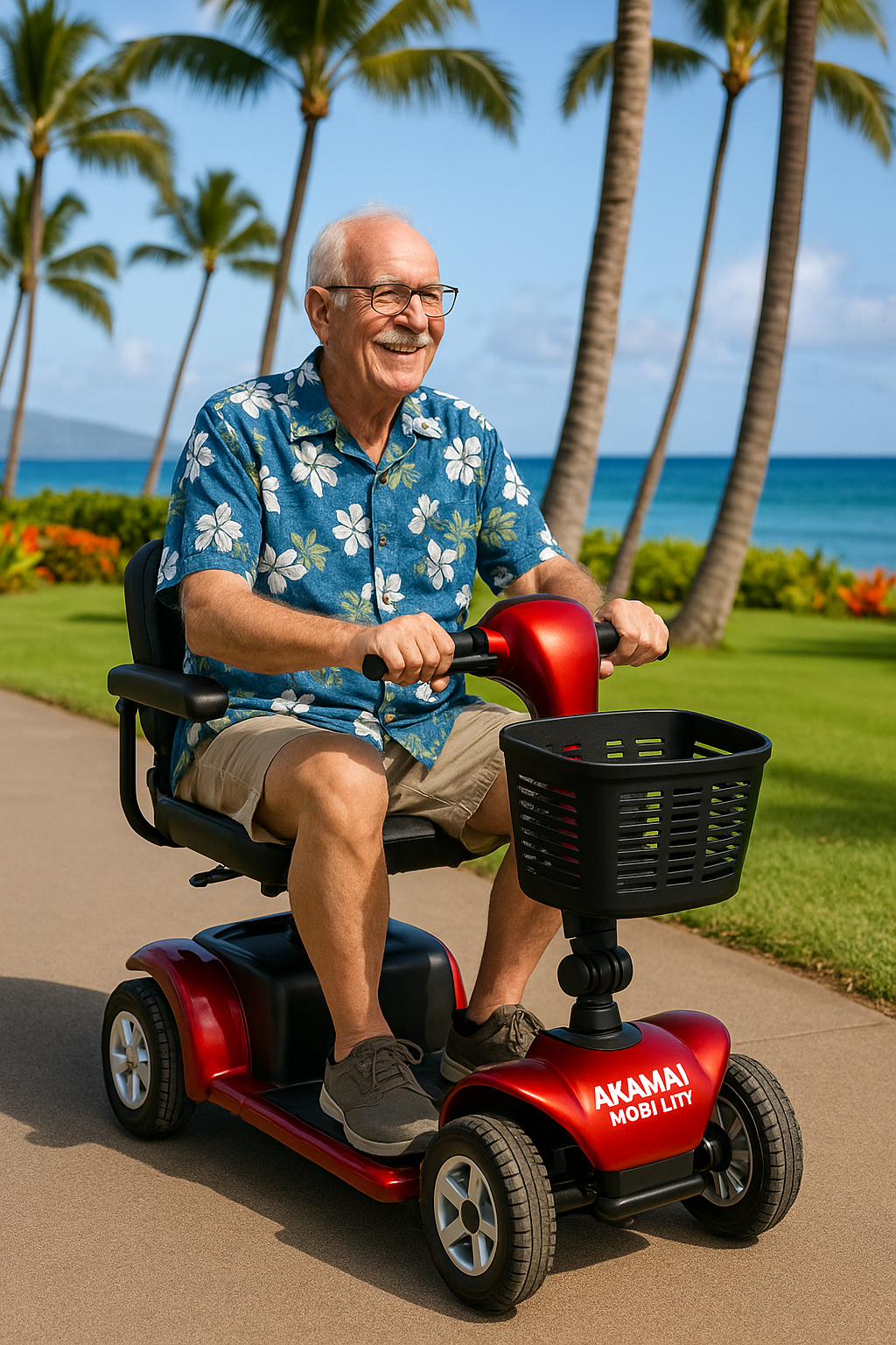 Smiling man riding a red heavy-duty Akamai Mobility scooter on a resort walkway with palm trees and tropical landscaping.